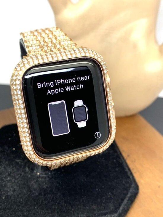 Apple Watch Series 5 Iced Out Real Diamonds Rose Gold Tone Stainless Steel Band